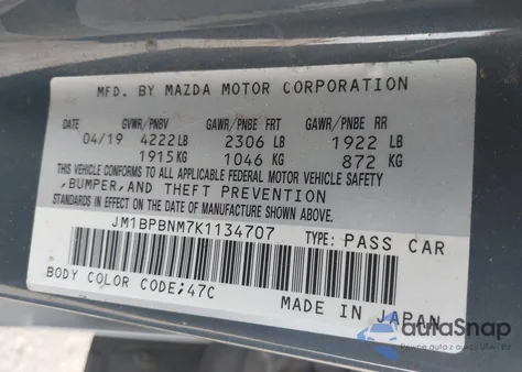 2019 Mazda Mazda3 Premium Package из США, поврежденный, VIN JM1BPBNM7K1134707